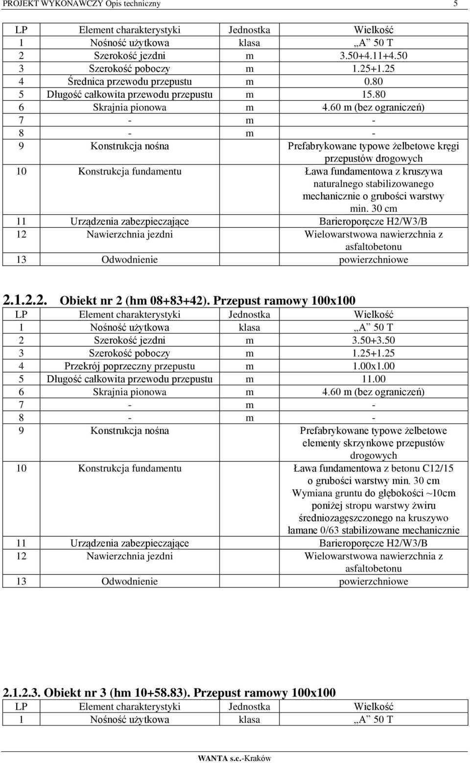 60 m (bez ograniczeń) 7 - m - 8 - m - 9 Konstrukcja nośna Prefabrykowane typowe żelbetowe kręgi przepustów drogowych 10 Konstrukcja fundamentu Ława fundamentowa z kruszywa naturalnego stabilizowanego