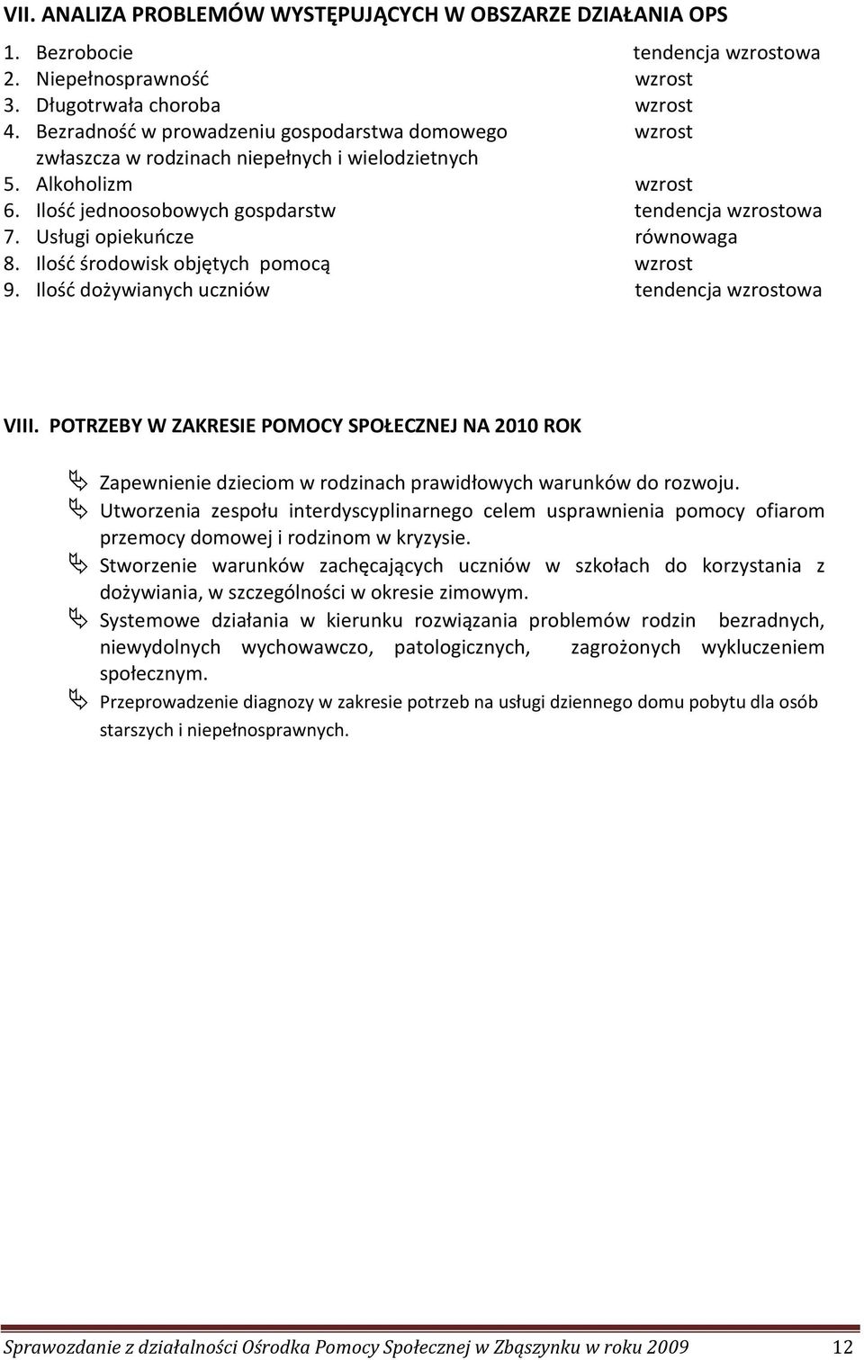 Usługi opiekuńcze równowaga 8. Ilość środowisk objętych pomocą wzrost 9. Ilość dożywianych uczniów tendencja wzrostowa VIII.