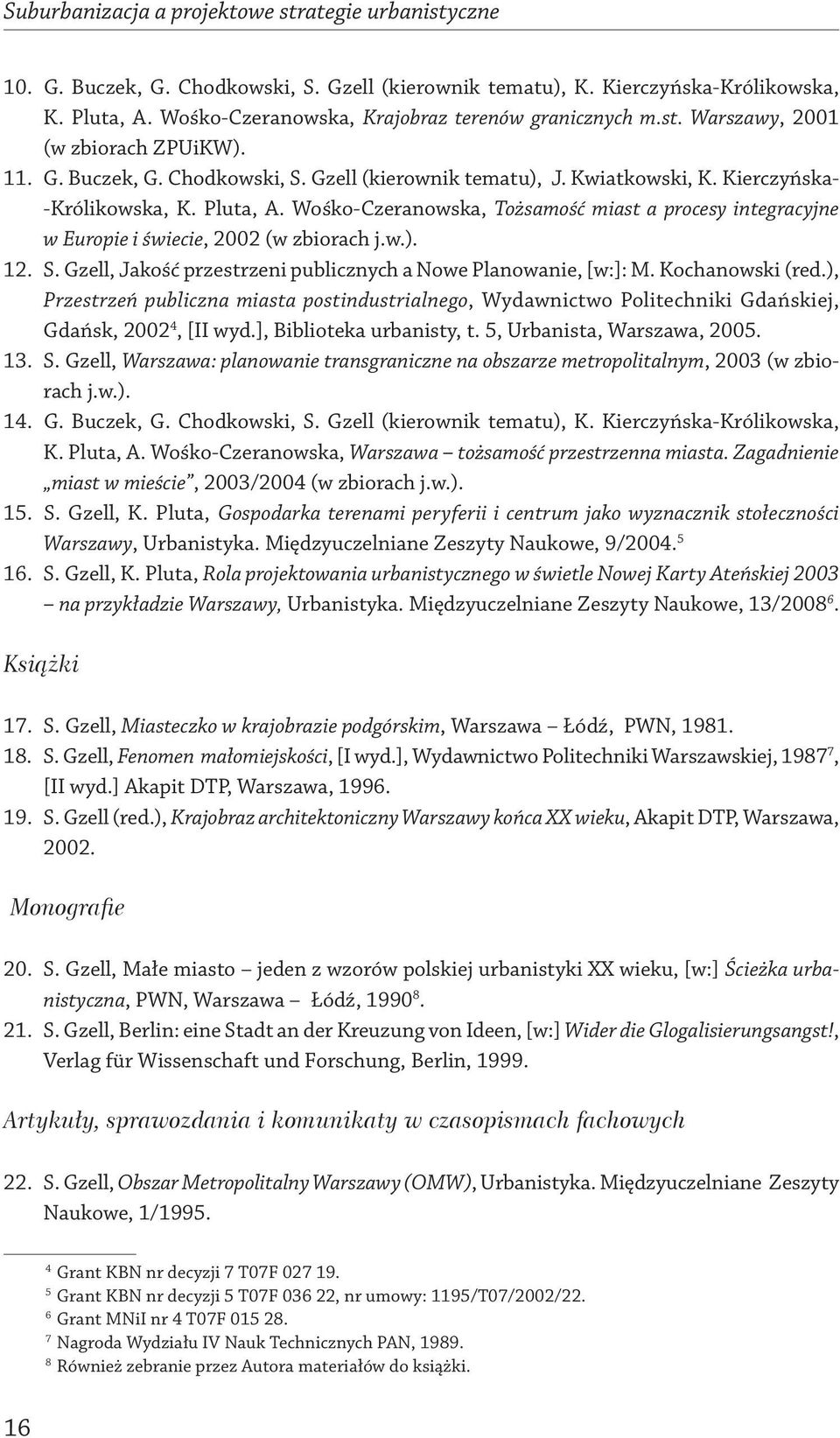 Pluta, A. Wośko-Czeranowska, Tożsamość miast a procesy integracyjne w Europie i świecie, 2002 (w zbiorach j.w.). 12. S. Gzell, Jakość przestrzeni publicznych a Nowe Planowanie, [w:]: M.