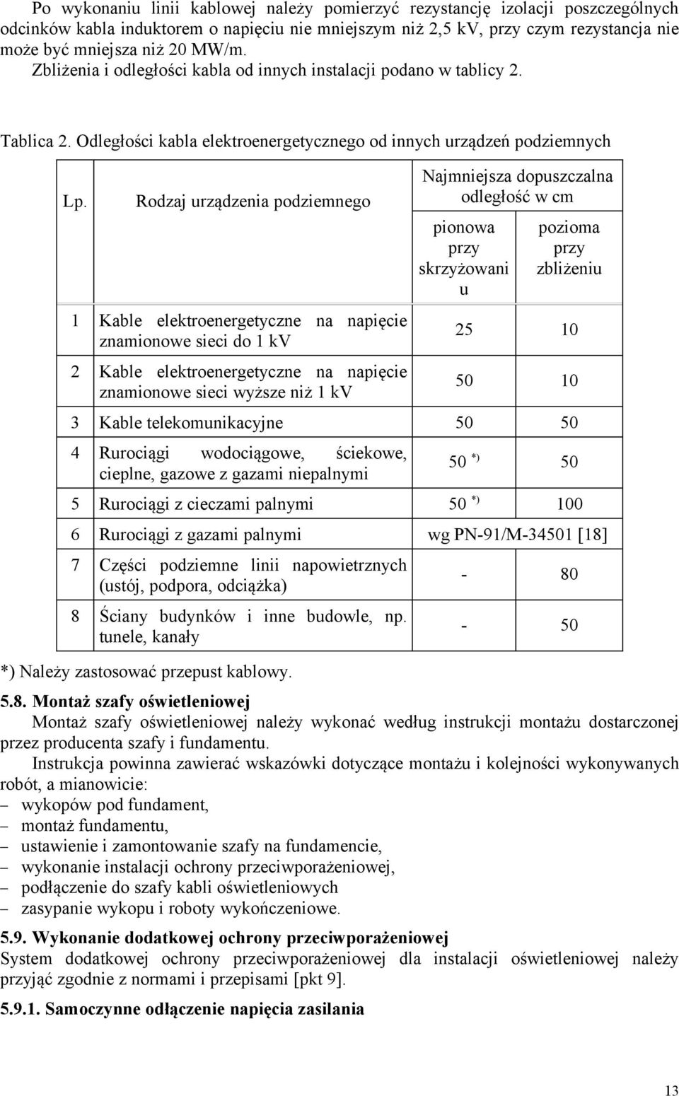 Rodzaj urządzenia podziemnego 1 Kable elektroenergetyczne na napięcie znamionowe sieci do 1 kv 2 Kable elektroenergetyczne na napięcie znamionowe sieci wyższe niż 1 kv Najmniejsza dopuszczalna