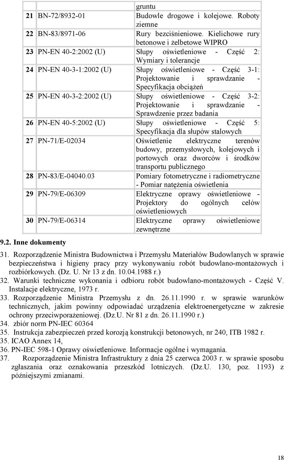 sprawdzanie - Specyfikacja obciążeń 25 PN-EN 40-3-2:2002 (U) Słupy oświetleniowe - Część 3-2: Projektowanie i sprawdzanie - Sprawdzenie przez badania 26 PN-EN 40-5:2002 (U) Słupy oświetleniowe -