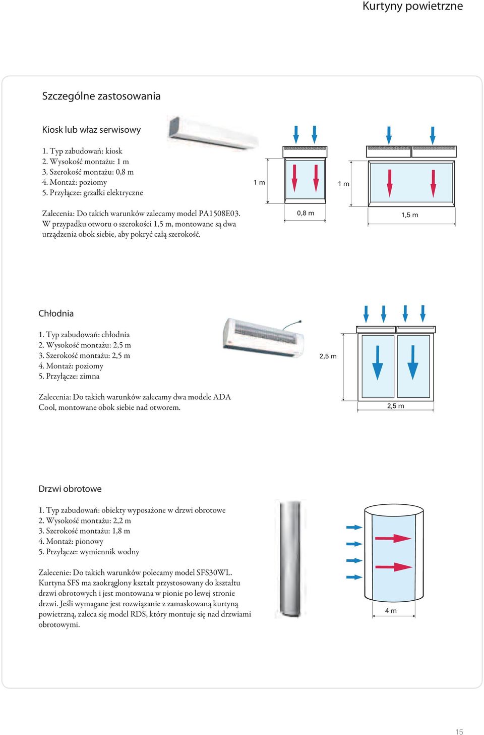 W przypadku otworu o szerokości 1,5 m, montowane są dwa urządzenia obok siebie, aby pokryć całą szerokość. 0,8 m 1,5 m Chłodnia 1. Typ zabudowań: chłodnia 2. Wysokość montażu: 2,5 m 3.