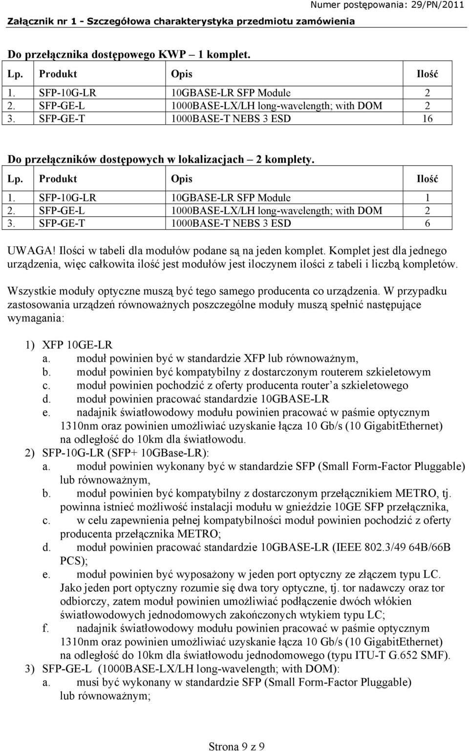 SFP-GE-T 1000BASE-T NEBS 3 ESD 6 UWAGA! Ilości w tabeli dla modułów podane są na jeden komplet.