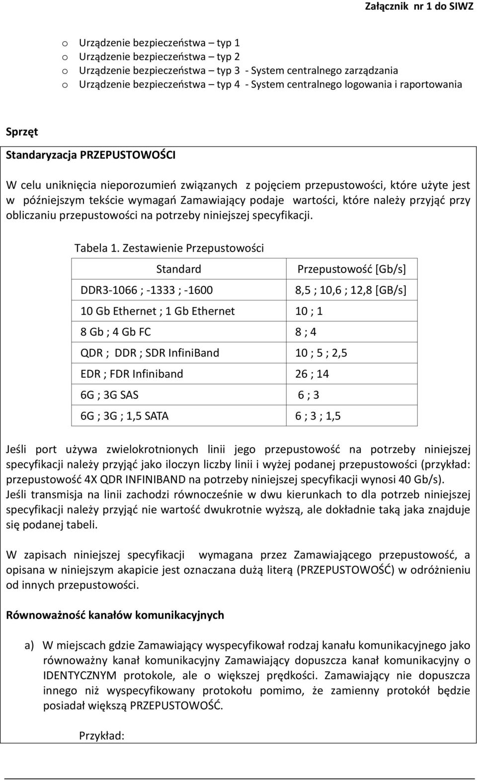 które należy przyjąć przy obliczaniu przepustowości na potrzeby niniejszej specyfikacji. Tabela 1.