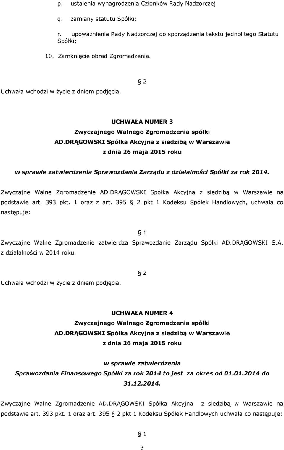 395 pkt 1 Kodeksu Spółek Handlowych, uchwala co następuje: Zwyczajne Walne Zgromadzenie zatwierdza Sprawozdanie Zarządu Spółki AD.DRĄGOWSKI S.A. z działalności w 2014 roku.