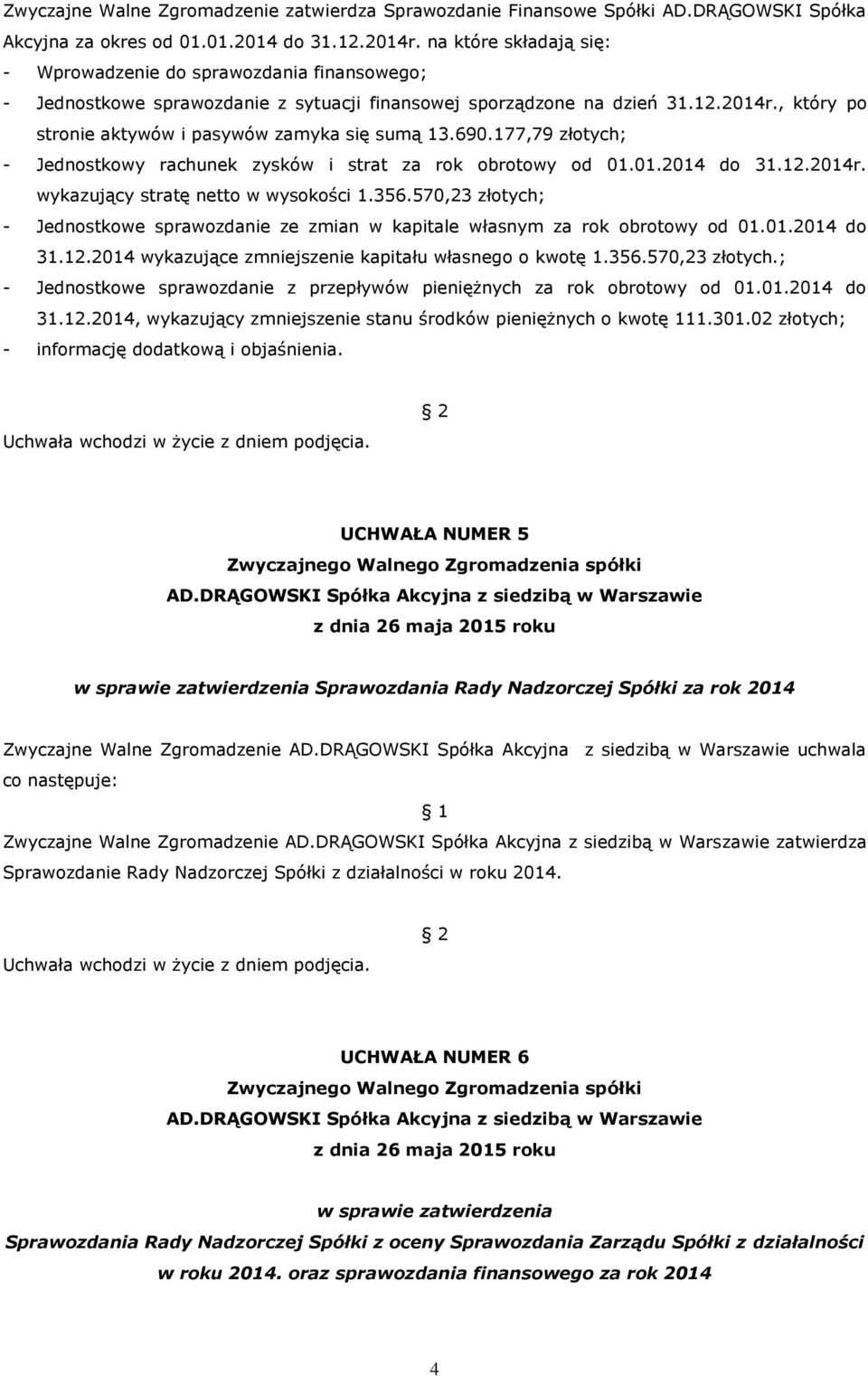 , który po stronie aktywów i pasywów zamyka się sumą 13.690.177,79 złotych; - Jednostkowy rachunek zysków i strat za rok obrotowy od 01.01.2014 do 31.12.2014r. wykazujący stratę netto w wysokości 1.