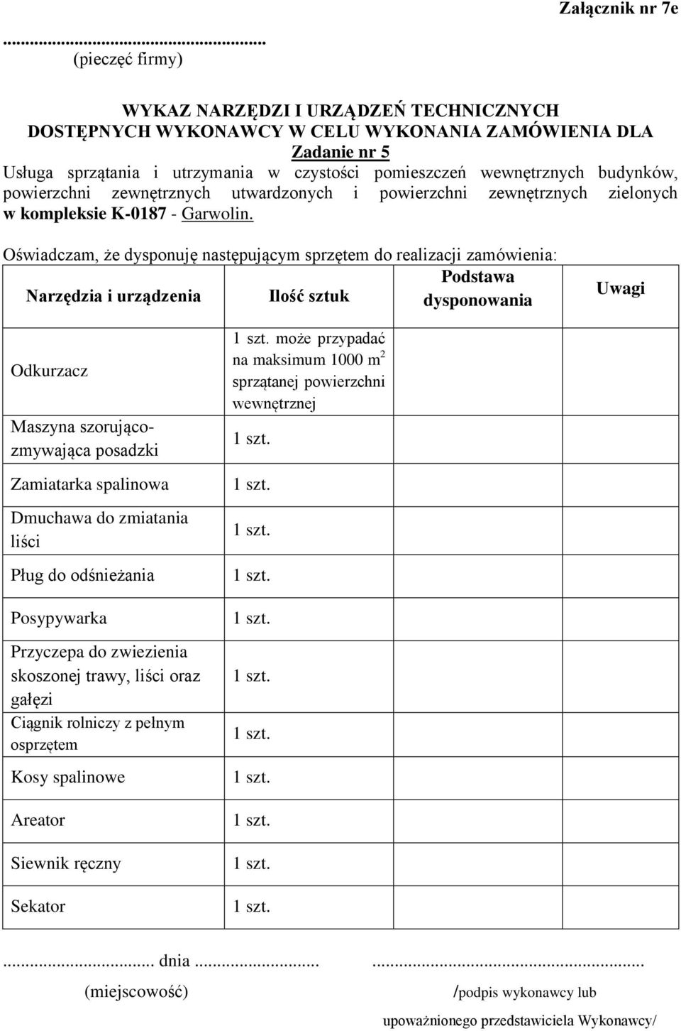 Oświadczam, że dysponuję następującym sprzętem do realizacji zamówienia: Podstawa Narzędzia i urządzenia Ilość sztuk dysponowania Uwagi Maszyna szorującozmywająca posadzki