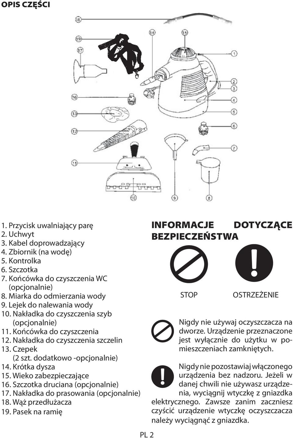 Wieko zabezpieczające 16. Szczotka druciana (opcjonalnie) 17. Nakładka do prasowania (opcjonalnie) 18. Wąż przedłużacza 19.