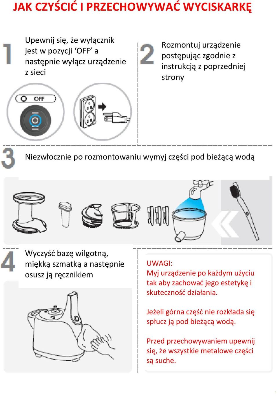 wilgotną, miękką szmatką a następnie osusz ją ręcznikiem UWAGI: Myj urządzenie po każdym użyciu tak aby zachować jego estetykę i