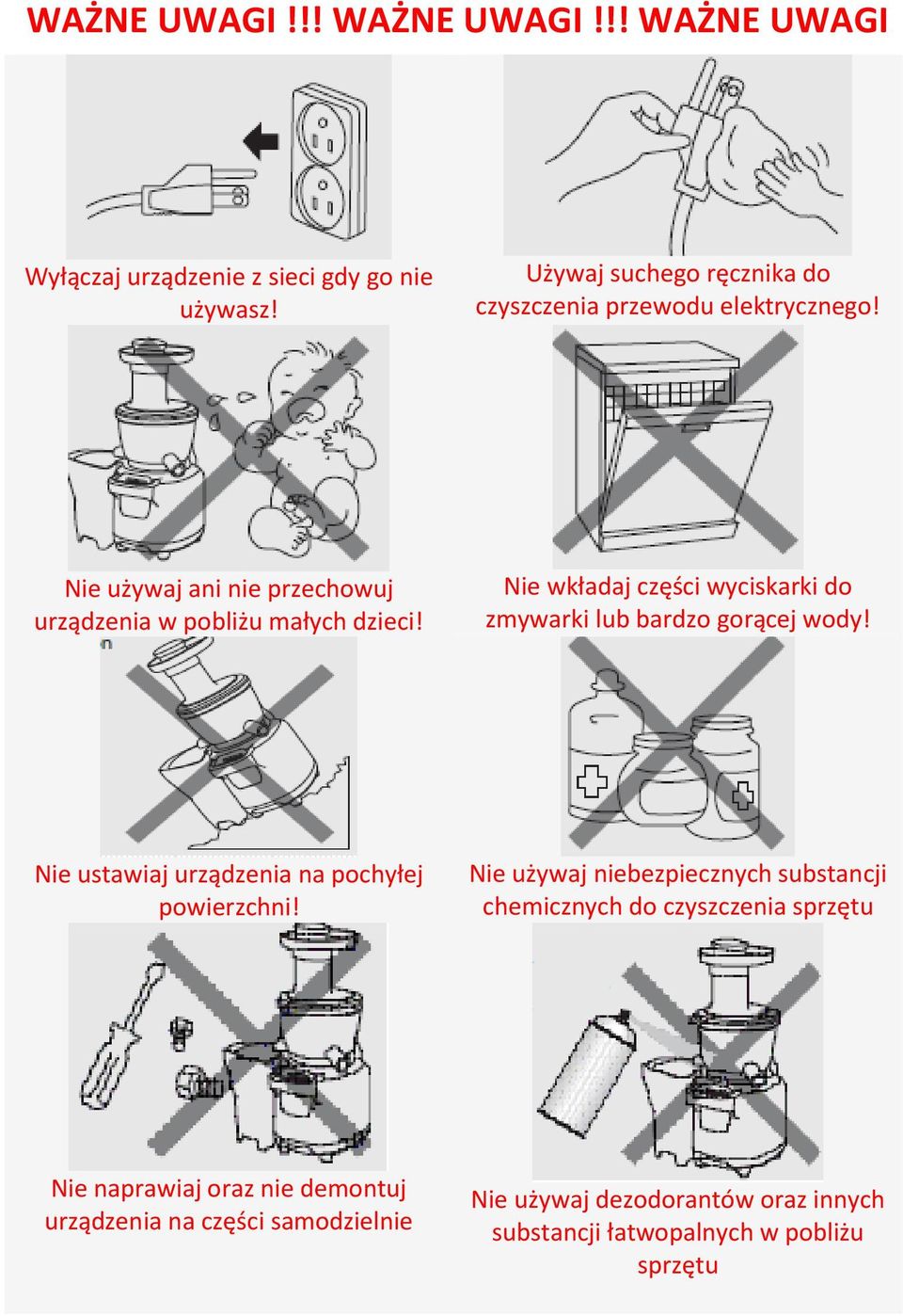 Nie wkładaj części wyciskarki do zmywarki lub bardzo gorącej wody! Nie ustawiaj urządzenia na pochyłej powierzchni!