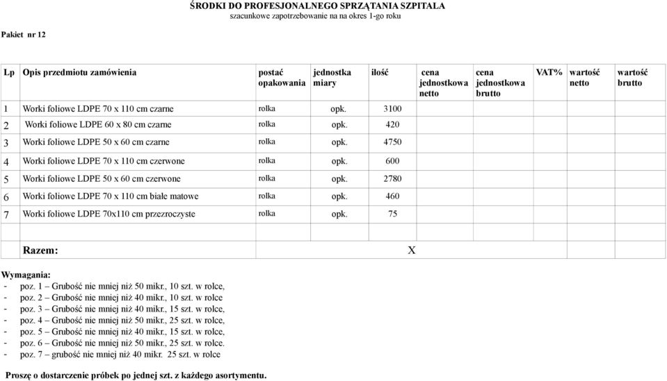 460 7 Worki foliowe LDPE 70x110 cm przezroczyste rolka opk. 75 Wymagania: - poz. 1 Grubość nie mniej niż 50 mikr., 10 szt. w rolce, - poz. 2 Grubość nie mniej niż 40 mikr., 10 szt. w rolce - poz.