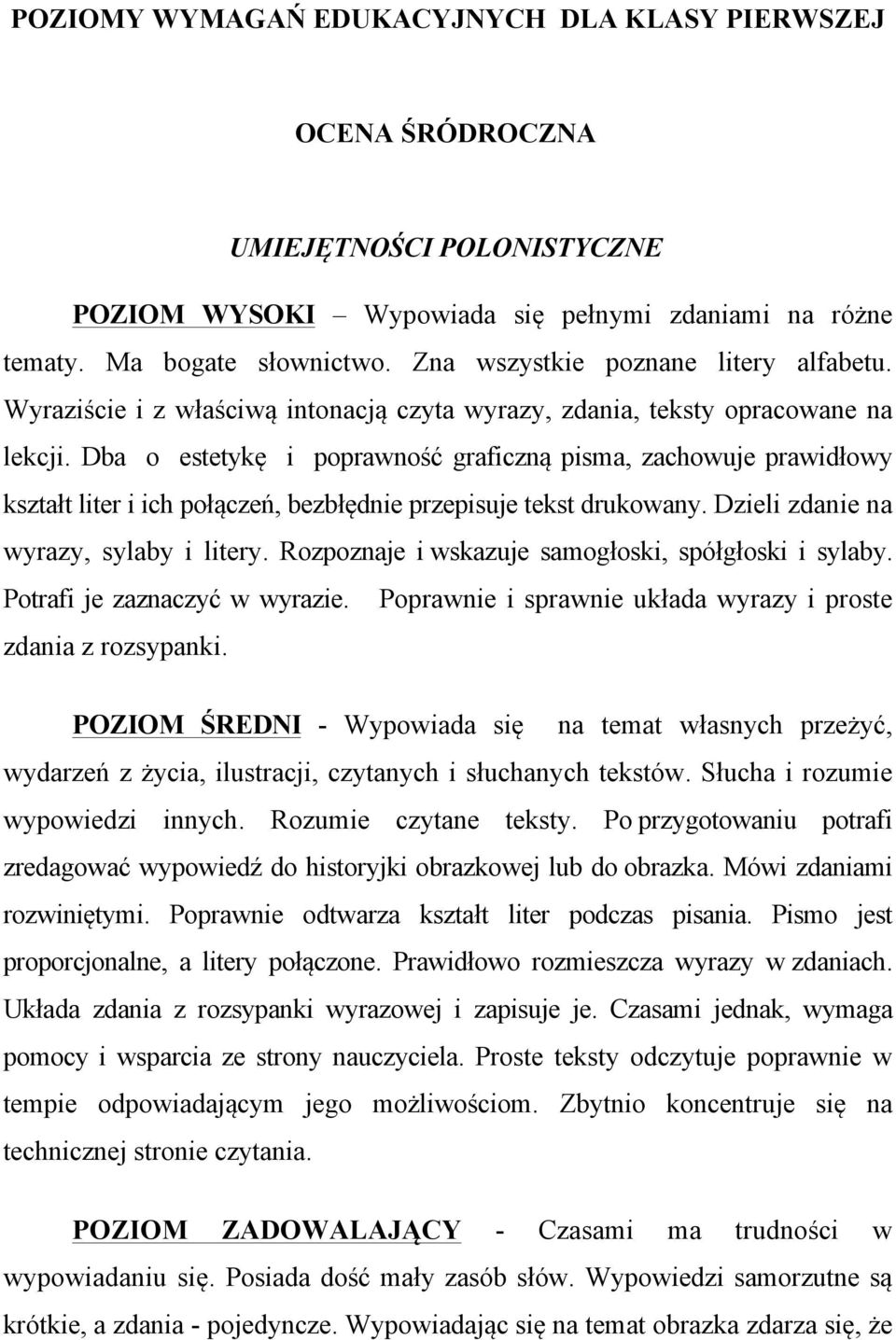 Dba o estetykę i poprawność graficzną pisma, zachowuje prawidłowy kształt liter i ich połączeń, bezbłędnie przepisuje tekst drukowany. Dzieli zdanie na wyrazy, sylaby i litery.