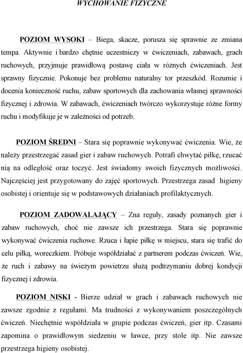 Pokonuje bez problemu naturalny tor przeszkód. Rozumie i docenia konieczność ruchu, zabaw sportowych dla zachowania własnej sprawności fizycznej i zdrowia.