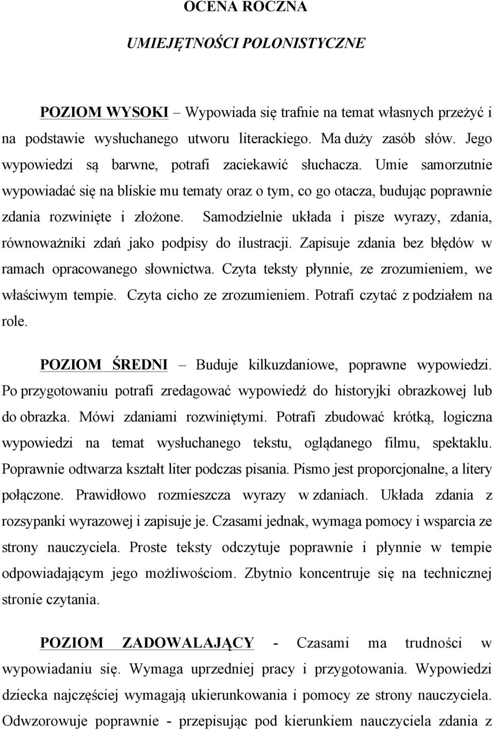 Samodzielnie układa i pisze wyrazy, zdania, równoważniki zdań jako podpisy do ilustracji. Zapisuje zdania bez błędów w ramach opracowanego słownictwa.