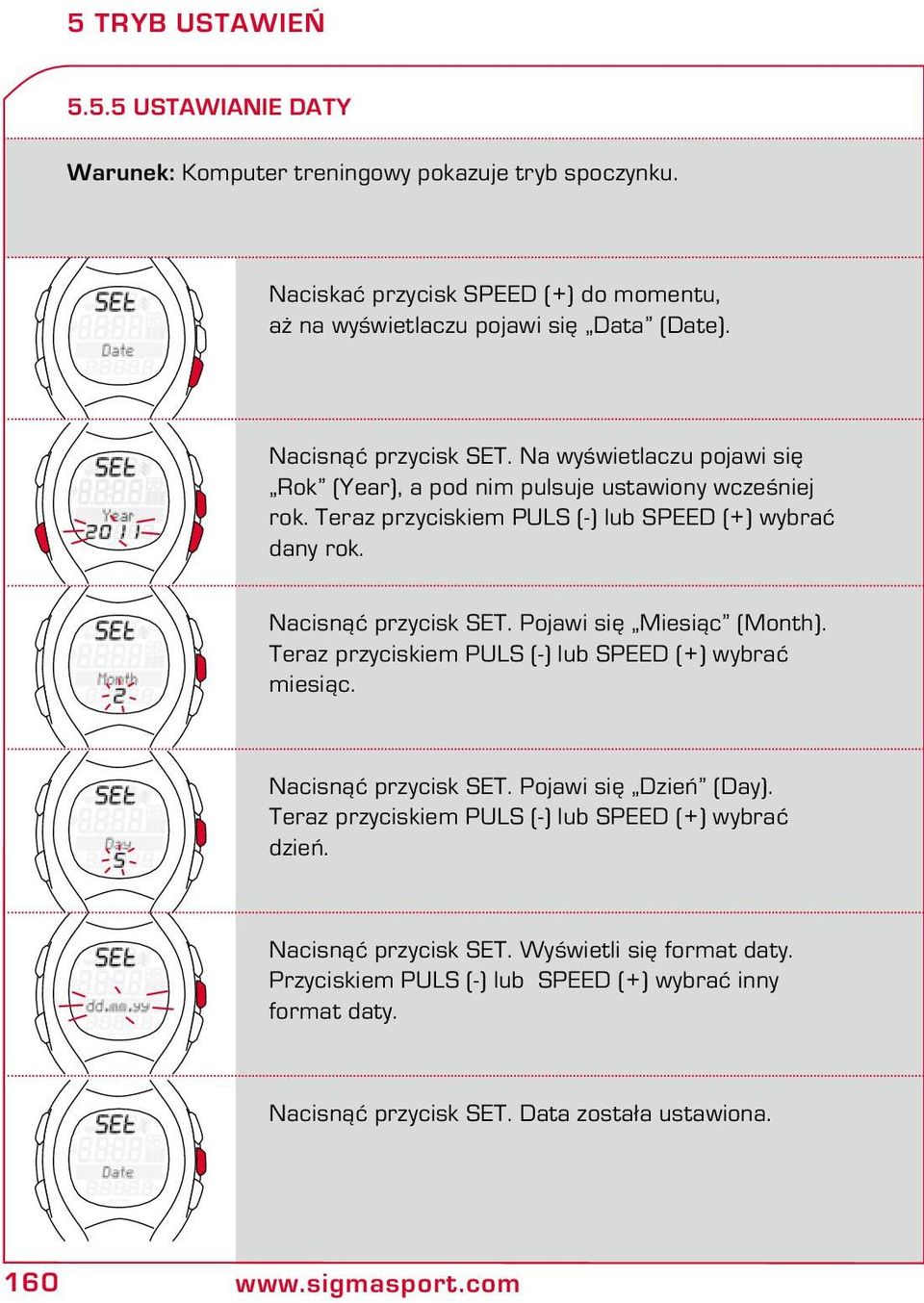 Nacisnąć przycisk SET. Pojawi się Miesiąc (Month). Teraz przyciskiem PULS (-) lub SPEED (+) wybrać miesiąc. Nacisnąć przycisk SET. Pojawi się Dzień (Day).