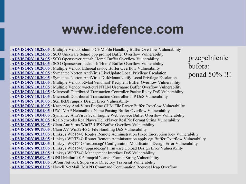 20.05 : Multiple Vendor Ethereal srvloc Buffer Overflow Vulnerability bufora: ADVISORY 10.20.05 : Symantec Norton AntiVirus LiveUpdate Local Privilege Escalation ponad 50%!!! ADVISORY 10.20.05 : Symantec Norton AntiVirus DiskMountNotify Local Privilege Escalation ADVISORY 10.