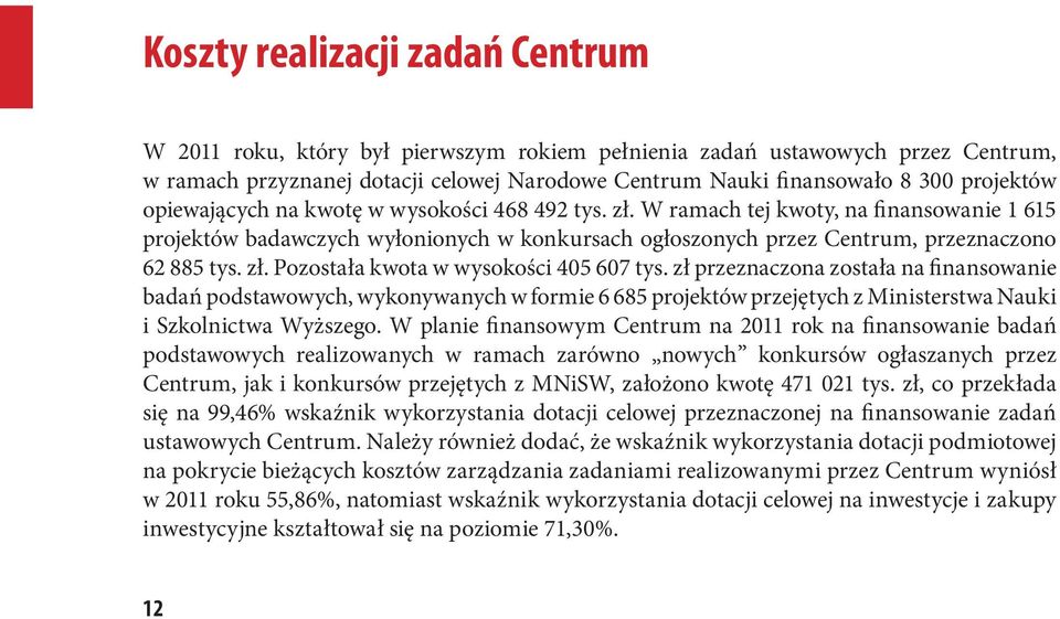 zł. Pozostała kwota w wysokości 405 607 tys. zł przeznaczona została na finansowanie badań podstawowych, wykonywanych w formie 6 685 projektów przejętych z Ministerstwa Nauki i Szkolnictwa Wyższego.