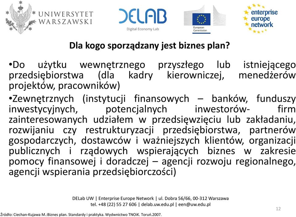 potencjalnych inwestorów- firm zainteresowanych udziałem w przedsięwzięciu lub zakładaniu, rozwijaniu czy restrukturyzacji przedsiębiorstwa, partnerów gospodarczych, dostawców i ważniejszych