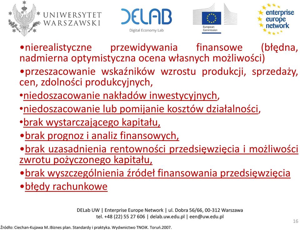 uzasadnienia rentowności przedsięwzięcia i możliwości zwrotu pożyczonego kapitału, brak wyszczególnienia źródeł finansowania przedsięwzięcia błędy rachunkowe DELab UW Enterprise