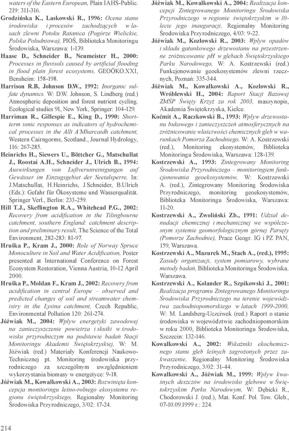 , Schneider B., Neumeister H., 2000: Processes in fluvisols caused by artificial flooding in flood plain forest ecosystems, GEOÖKO.XXI, Bensheim: 158-198. Harrison R.B, Johnson D.W.