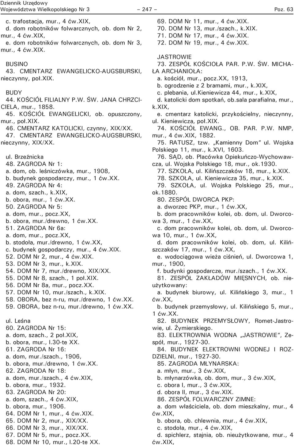 CMENTARZ KATOLICKI, czynny, XIX/XX. 47. CMENTARZ EWANGELICKO-AUGSBURSKI, nieczynny, XIX/XX. ul. Brzeźnicka 48. ZAGRODA Nr 1: a. dom, ob. leśniczówka, mur., 1908, b. budynek gospodarczy, mur., 1 ćw.xx.