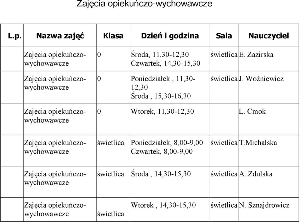 Woźniewicz 0 Wtorek, 11,30-12,30 L.