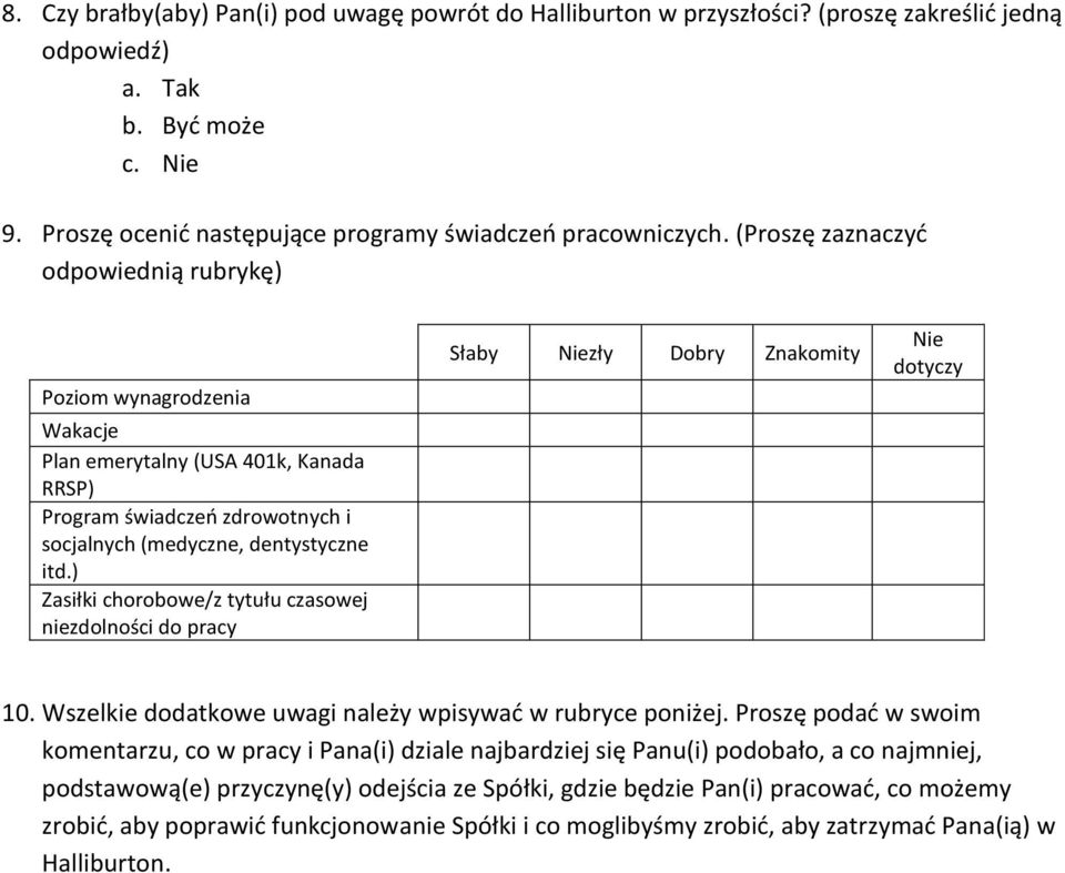 ) Zasiłki chorobowe/z tytułu czasowej niezdolności do pracy Słaby Niezły Dobry Znakomity Nie dotyczy 10. Wszelkie dodatkowe uwagi należy wpisywać w rubryce poniżej.