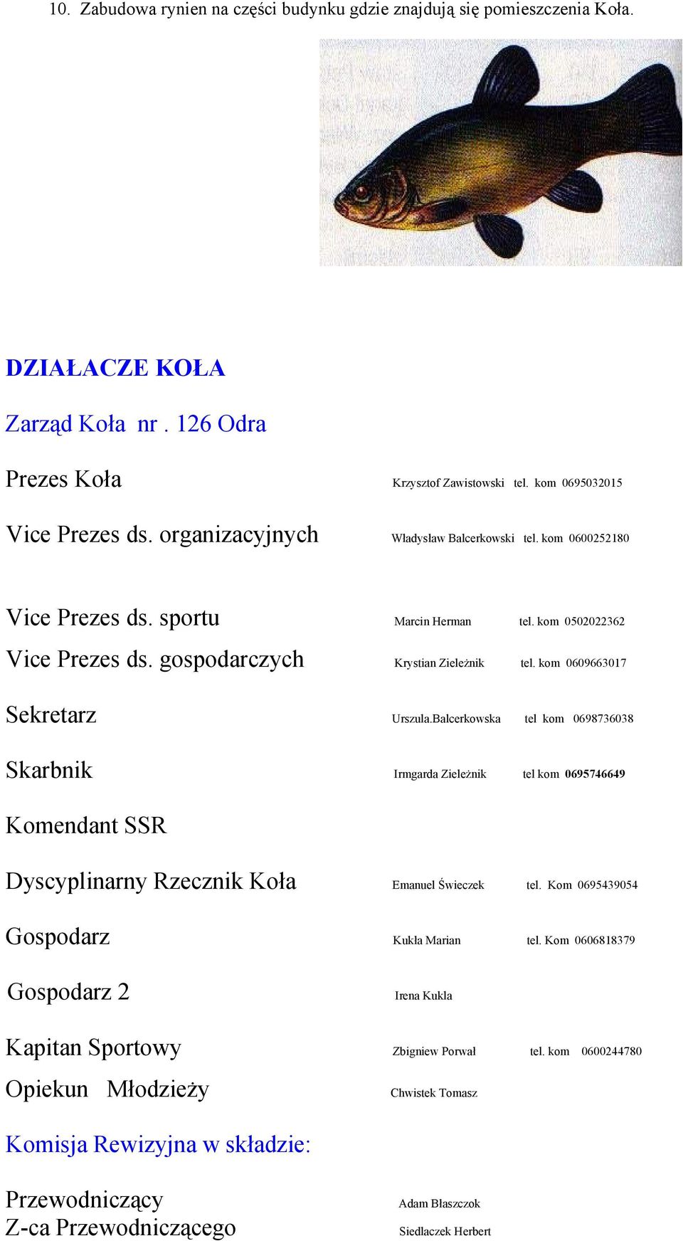 kom 0609663017 Sekretarz Urszula.Balcerkowska tel kom 0698736038 Skarbnik Irmgarda Zieleżnik tel kom 0695746649 Komendant SSR Dyscyplinarny Rzecznik Koła Emanuel Świeczek tel.