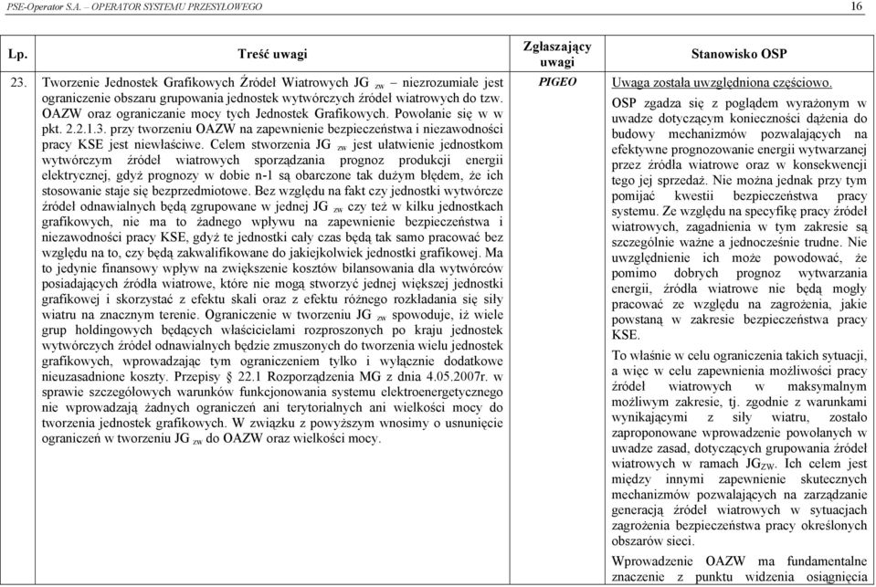 OAZW oraz ograniczanie mocy tych Jednostek Grafikowych. Powołanie się w w pkt. 2.2.1.3. przy tworzeniu OAZW na zapewnienie bezpieczeństwa i niezawodności pracy KSE jest niewłaściwe.