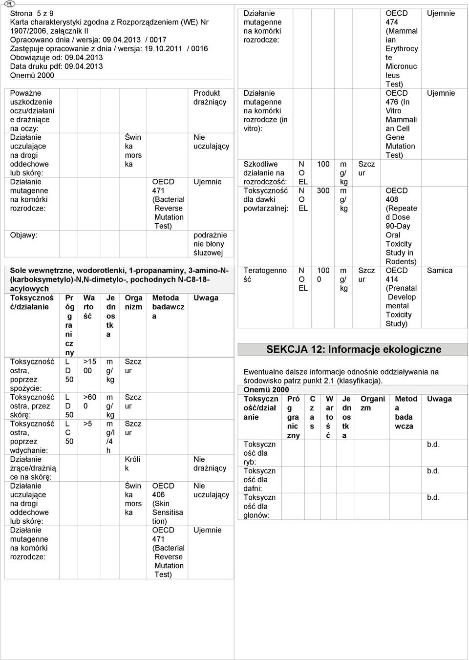 213 Powżne uszkodzenie oczu/dziłni e drżniące n oczy: Dziłnie uczuljące n droi oddecowe lub skórę: Dziłnie utenne n koórki rozrodcze: Objwy: Świn k ors k 471 (Bcteril Reverse Muttion Produkt drżniący