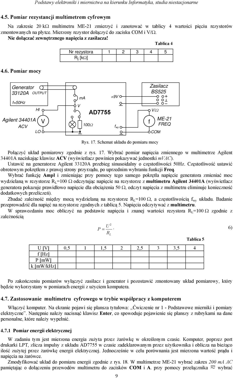 Pomiar mocy Nr rezystora 1 2 3 4 5 R i [kω] Generator 33120A OUTPUT f=50hz HI Agilent 34401A ACV LO V ma +9V V 100Ω AD7755 f wy f Zasilacz BS525 V/Ω COM ME-21 FREQ Rys. 17.