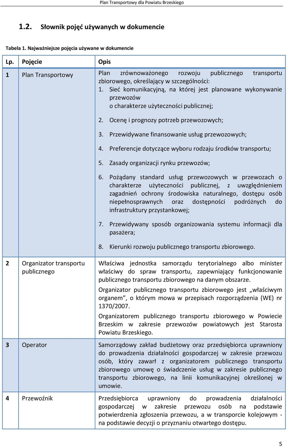 Sieć komunikacyjną, na której jest planowane wykonywanie przewozów o charakterze użyteczności publicznej; 2. Ocenę i prognozy potrzeb przewozowych; 3. Przewidywane finansowanie usług przewozowych; 4.