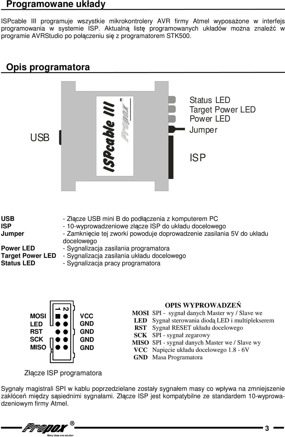 Opis programatora USB ISPcable III Status LED Target Power LED Power LED Jumper ISP USB ISP Jumper - Złącze USB mini B do podłączenia z komputerem PC - 0-wyprowadzeniowe złącze ISP do układu