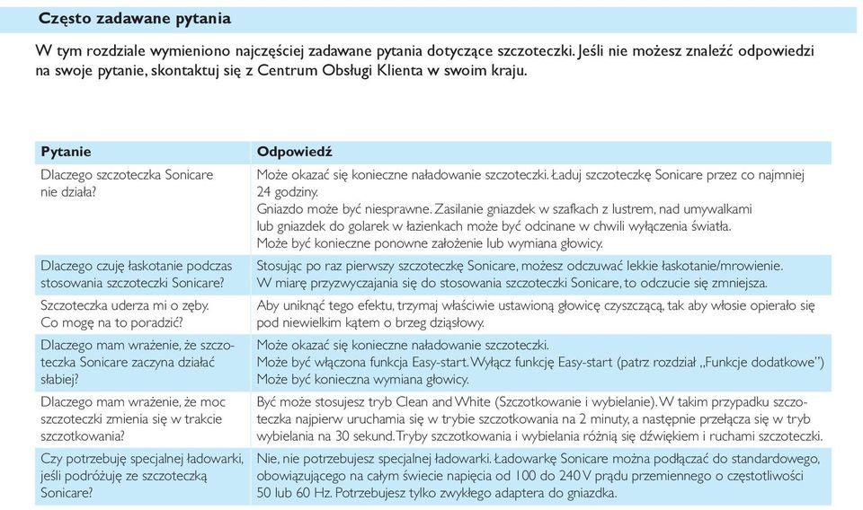 Dlaczego czuję łaskotanie podczas stosowania szczoteczki Sonicare? Szczoteczka uderza mi o zęby. Co mogę na to poradzić? Dlaczego mam wrażenie, że szczoteczka Sonicare zaczyna działać słabiej?