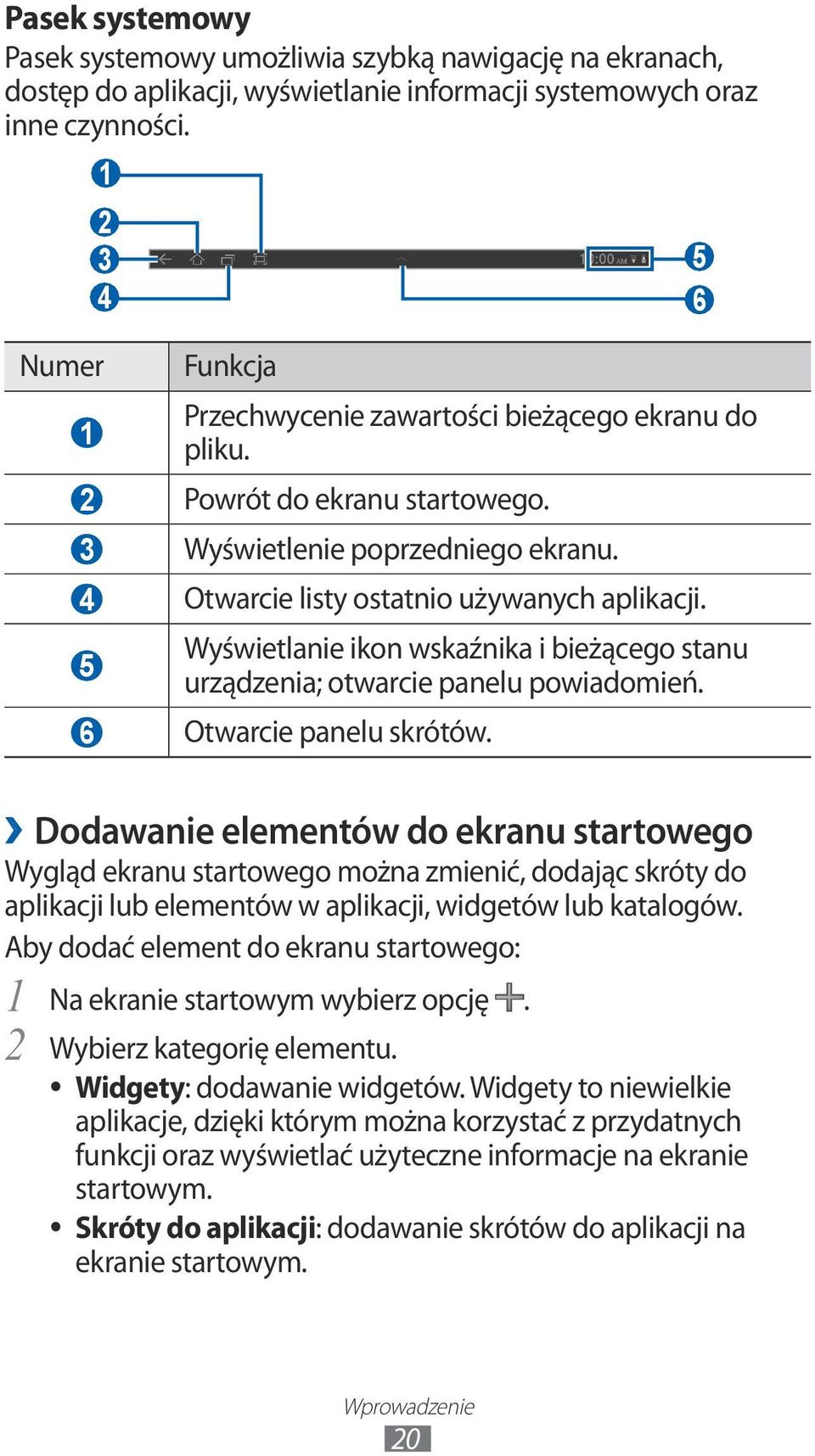 5 Wyświetlanie ikon wskaźnika i bieżącego stanu urządzenia; otwarcie panelu powiadomień. 6 Otwarcie panelu skrótów.