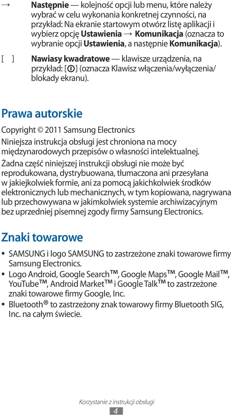 Prawa autorskie Copyright 20 Samsung Electronics Niniejsza instrukcja obsługi jest chroniona na mocy międzynarodowych przepisów o własności intelektualnej.