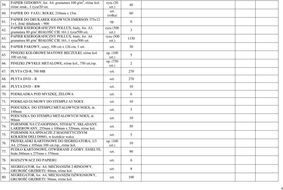 PAPIER KSEROGRAFICZNY POLLUX, biały, for. A4 gramatura 0 g/m 2 BIAŁOŚĆ CIE 161, 1 ryza/00 szt. ryza (20 szt. (rolka) 40 60 op. 6 ryza (00 ryza (00 64. PAPIER PAKOWY, szary, 100 cm x 6 cm, 1 szt. szt. 30 6.