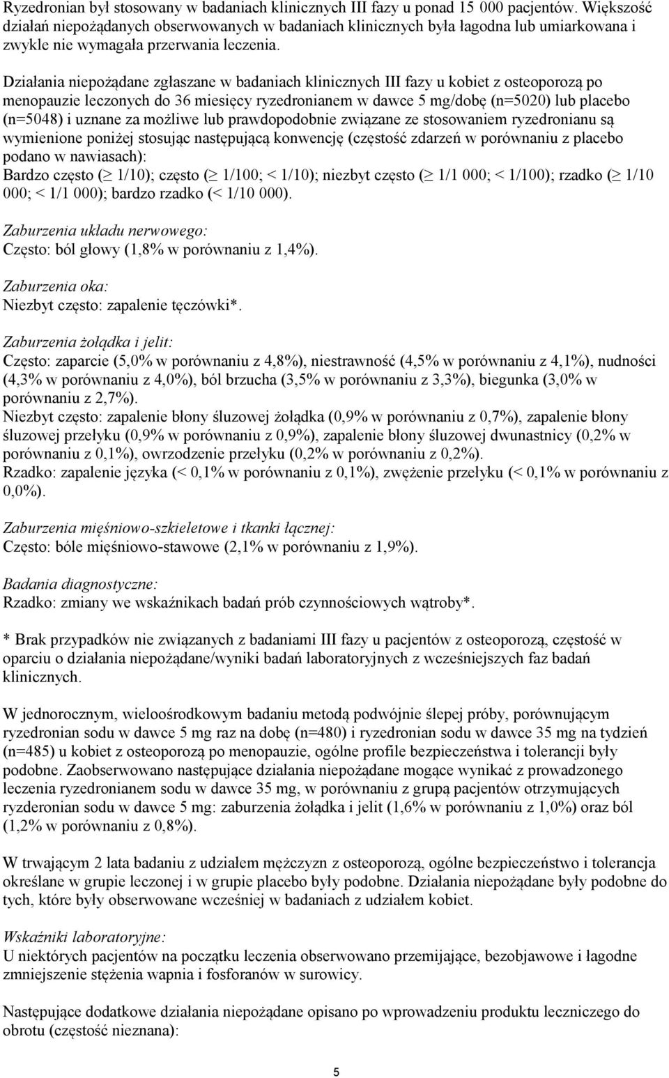 Działania niepożądane zgłaszane w badaniach klinicznych III fazy u kobiet z osteoporozą po menopauzie leczonych do 36 miesięcy ryzedronianem w dawce 5 mg/dobę (n=5020) lub placebo (n=5048) i uznane