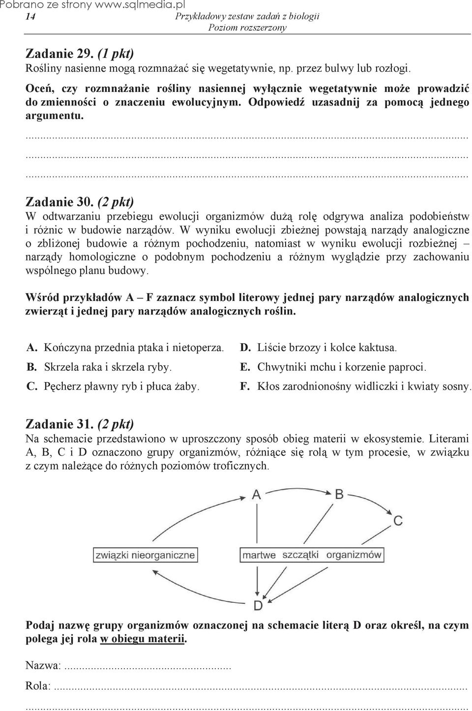 (2 pkt) W odtwarzaniu przebiegu ewolucji organizmów du rol odgrywa analiza podobie stw i ró nic w budowie narz dów.