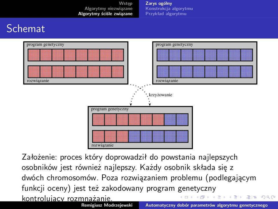 najlepszych osobników jest również najlepszy. Każdy osobnik składa się z dwóch chromosomów.