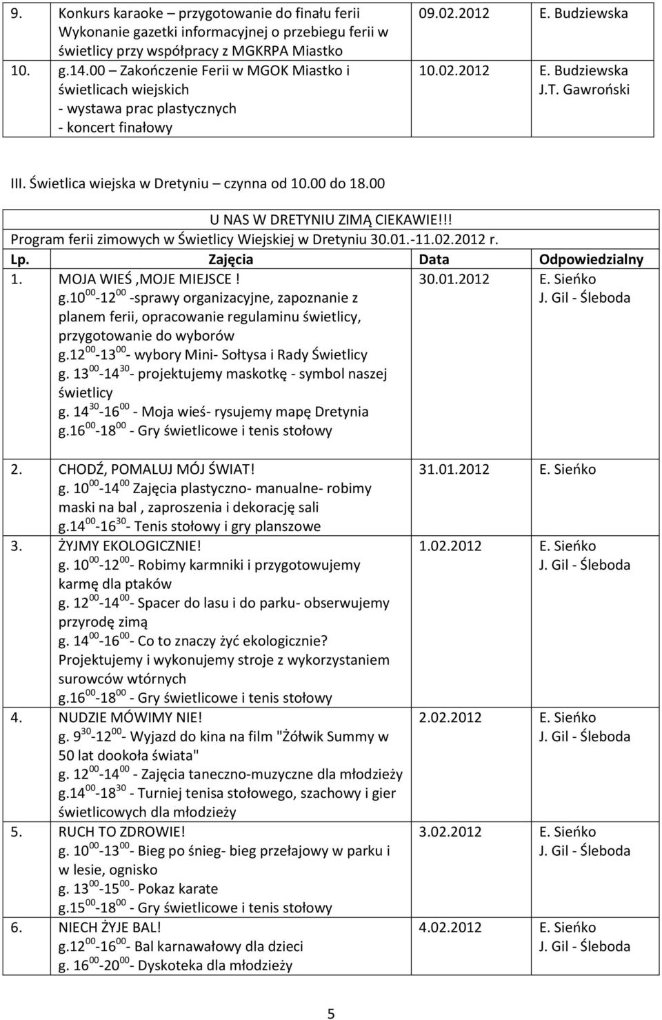 10 00-12 00 -sprawy organizacyjne, zapoznanie z planem ferii, opracowanie regulaminu świetlicy, przygotowanie do wyborów g.12 00-13 00 - wybory Mini- Sołtysa i Rady Świetlicy g.