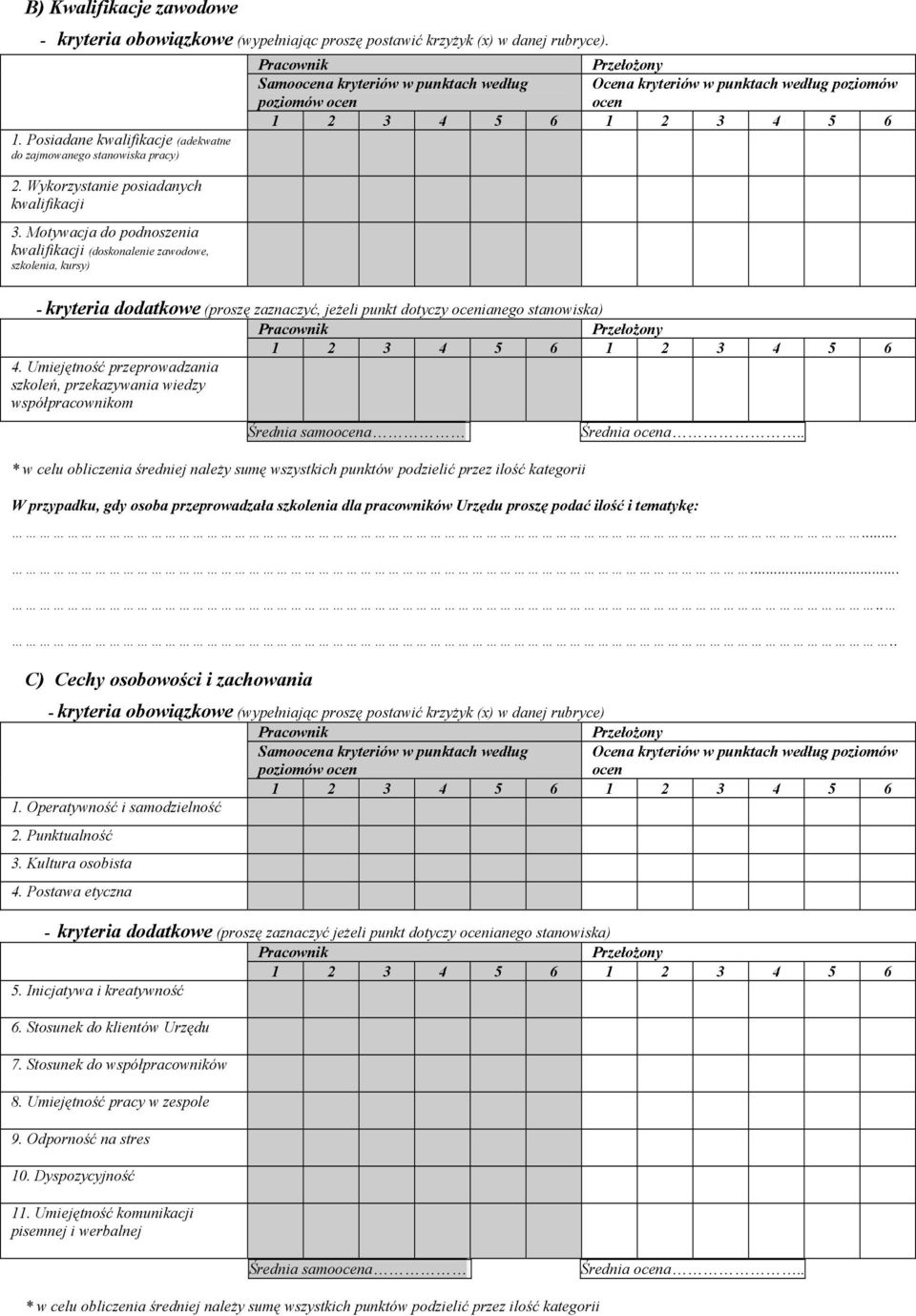 Motywacja do podnoszenia kwalifikacji (doskonalenie zawodowe, szkolenia, kursy) Samoocena kryteriów w punktach według poziomów ocen Ocena kryteriów w punktach według poziomów ocen - kryteria