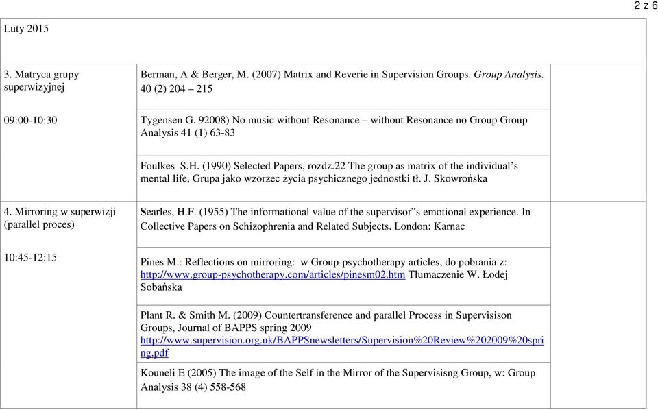 22 The group as matrix of the individual s mental life, Grupa jako wzorzec życia psychicznego jednostki tł. J. Skowrońska 4. Mirroring w superwizji (parallel proces) Searles, H.F.