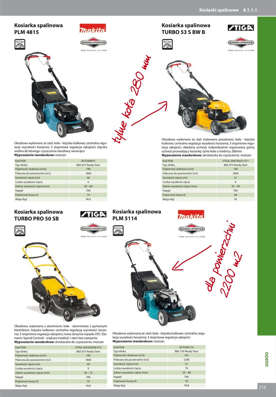 wodna do łatwego czyszczenia obudowy wewnątrz Wyposażenie standardowe: mulczer M-PLM4815 Typ silnika B&S 675 Ready Start Pojemność skokowa (cm3) 190 Polecana do powierzchni (m2) 1800 Szerokość cięcia