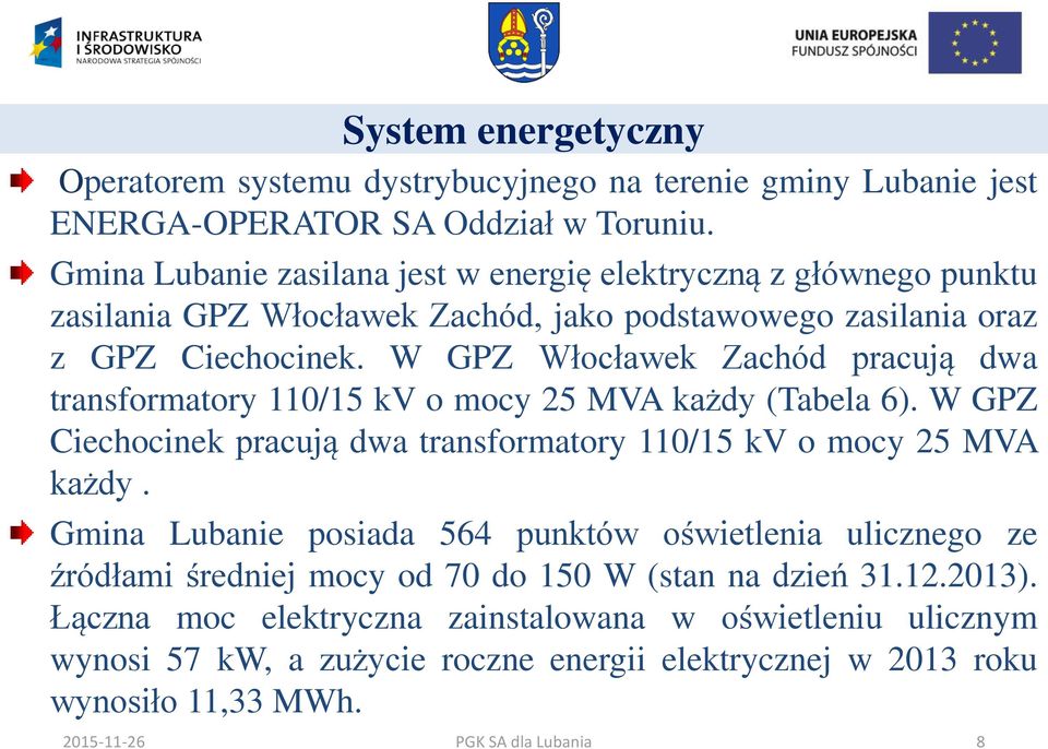 W GPZ Włocławek Zachód pracują dwa transformatory 110/15 kv o mocy 25 MVA każdy (Tabela 6). W GPZ Ciechocinek pracują dwa transformatory 110/15 kv o mocy 25 MVA każdy.