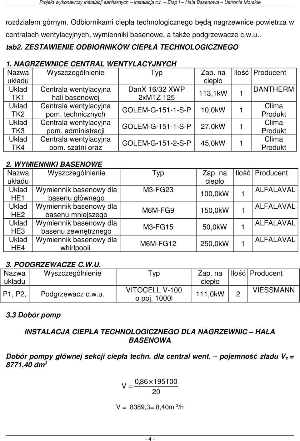 na Ilość Producent układu ciepło Układ Centrala wentylacyjna DanX 16/32 XWP DANTHERM 113,1kW 1 TK1 hali basenowej 2xMTZ 125 Układ Centrala wentylacyjna Clima GOLEM-G-151-1-S-P 10,0kW 1 TK2 pom.