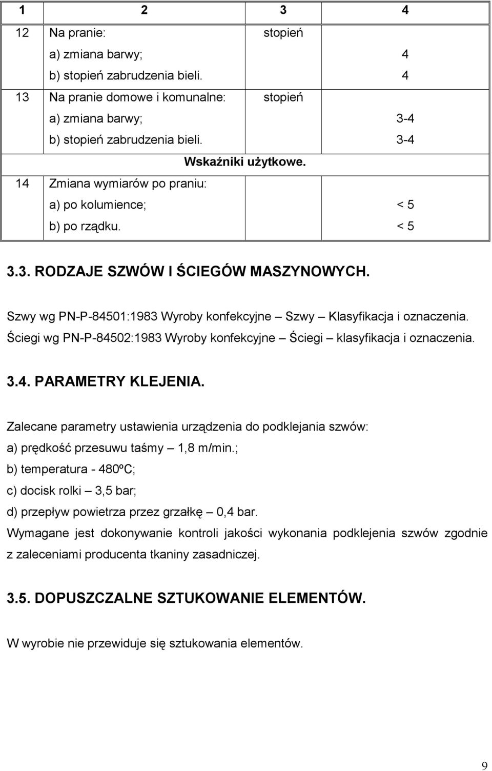 Ściegi wg PN-P-8502:1983 Wyroby konfekcyjne Ściegi klasyfikacja i oznaczenia. 3.. PARAMETRY KLEJENIA.