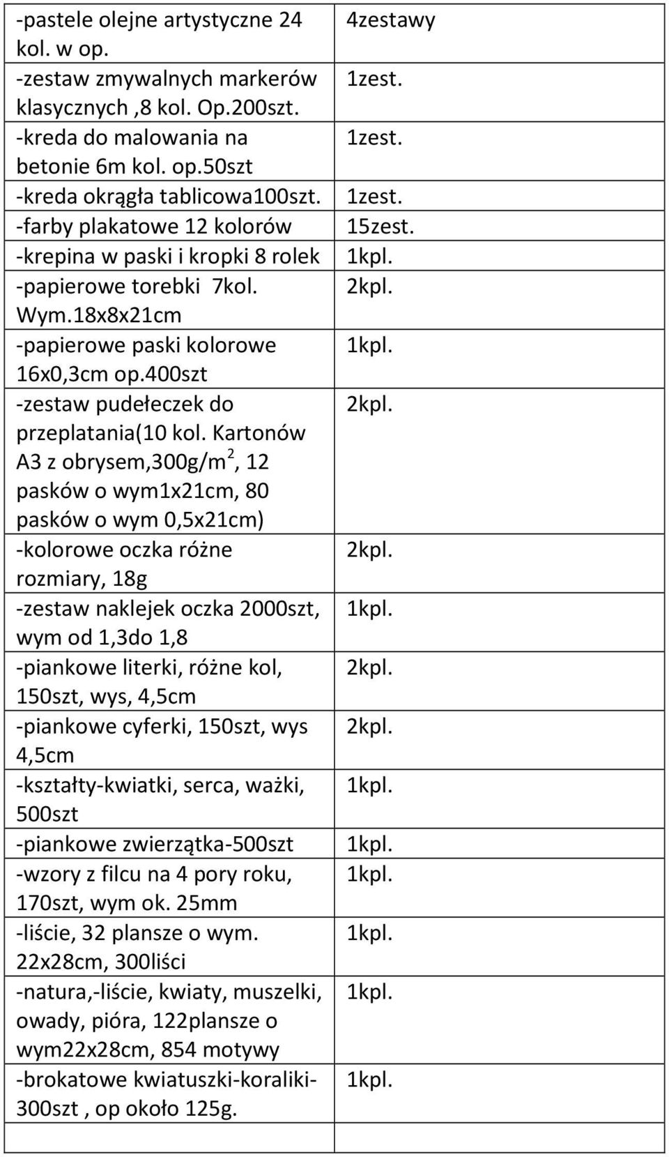 Kartonów A3 z obrysem,300g/m 2, 2 pasków o wymx2cm, 80 pasków o wym 0,5x2cm) -kolorowe oczka różne rozmiary, 8g -zestaw naklejek oczka 2000szt, wym od,3do,8 -piankowe literki, różne kol, 50szt, wys,