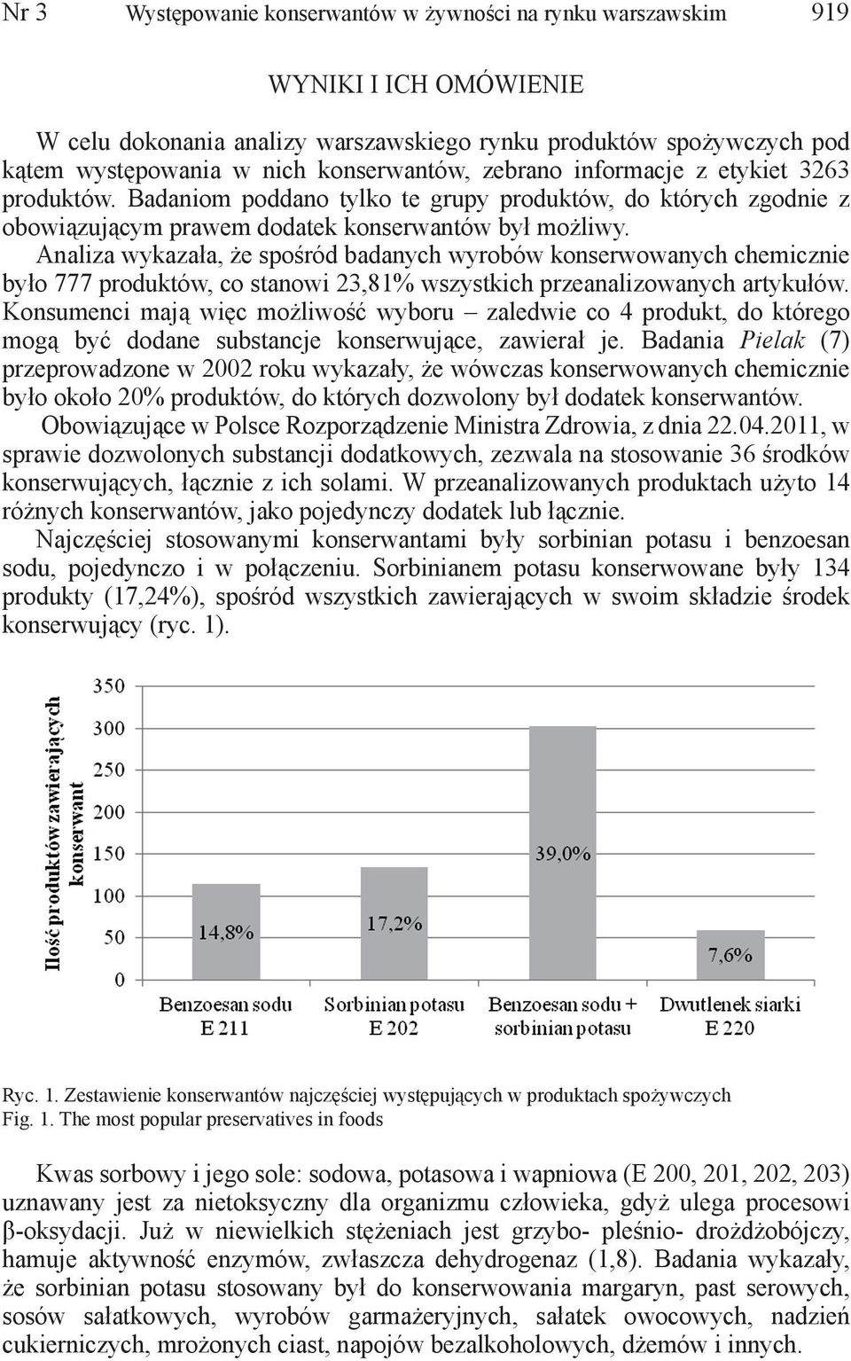 Analiza wykazała, że spośród badanych wyrobów konserwowanych chemicznie było 777 produktów, co stanowi 23,81% wszystkich przeanalizowanych artykułów.