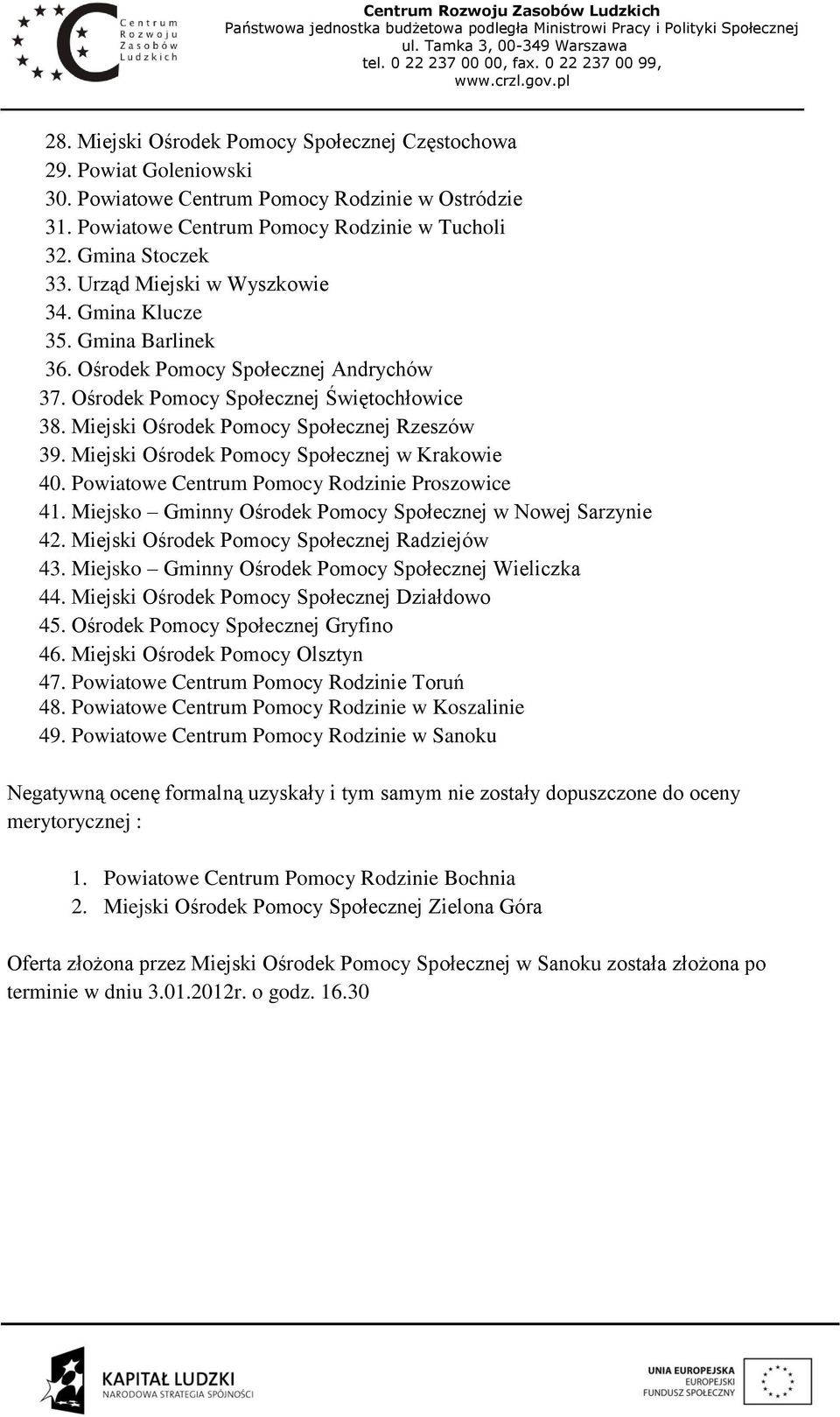 Miejski Ośrodek Pomocy Społecznej w Krakowie 40. Powiatowe Centrum Pomocy Rodzinie Proszowice 41. Miejsko Gminny Ośrodek Pomocy Społecznej w Nowej Sarzynie 42.